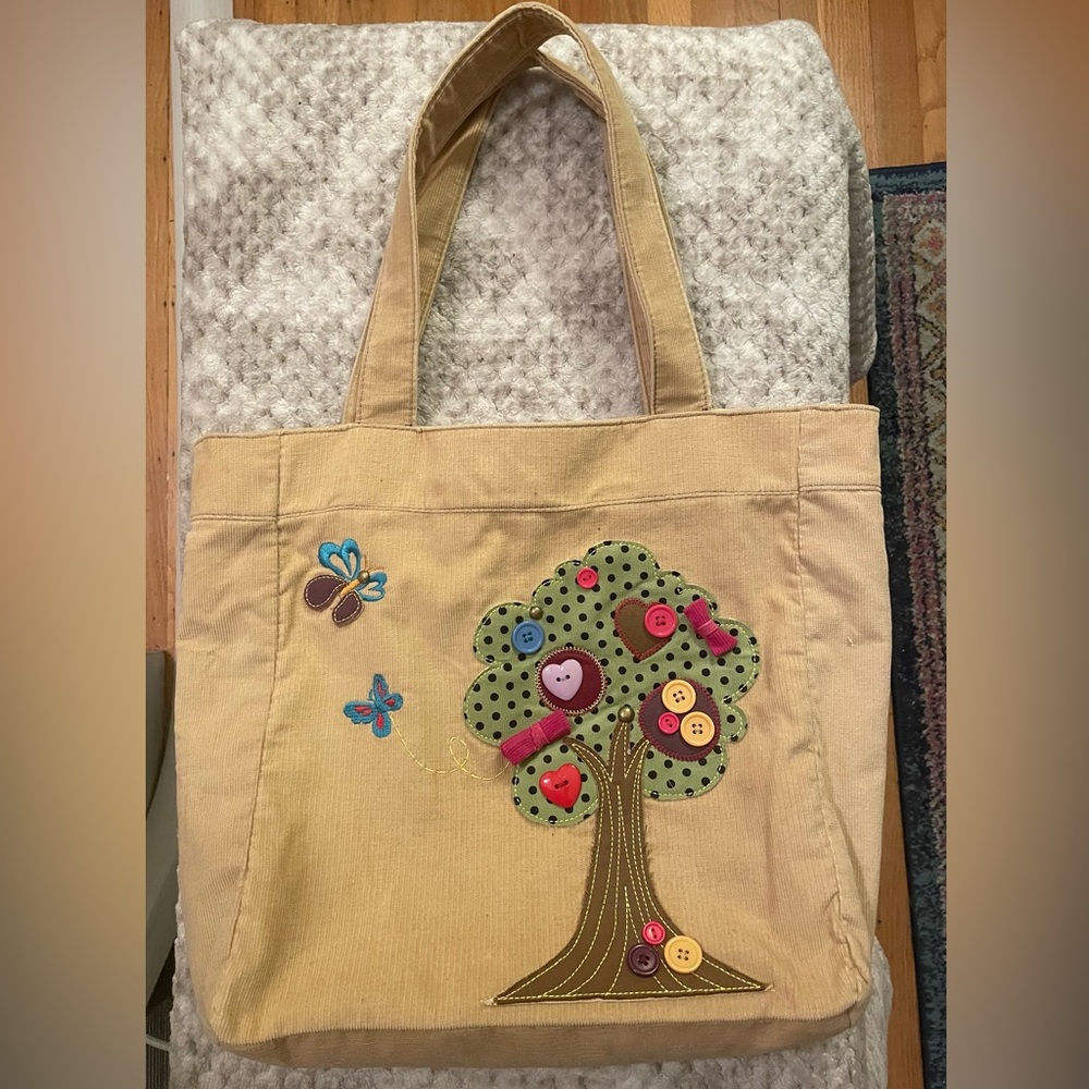 Unique tote bag with whimsical tree and butterfly designs, Embellished, Tan